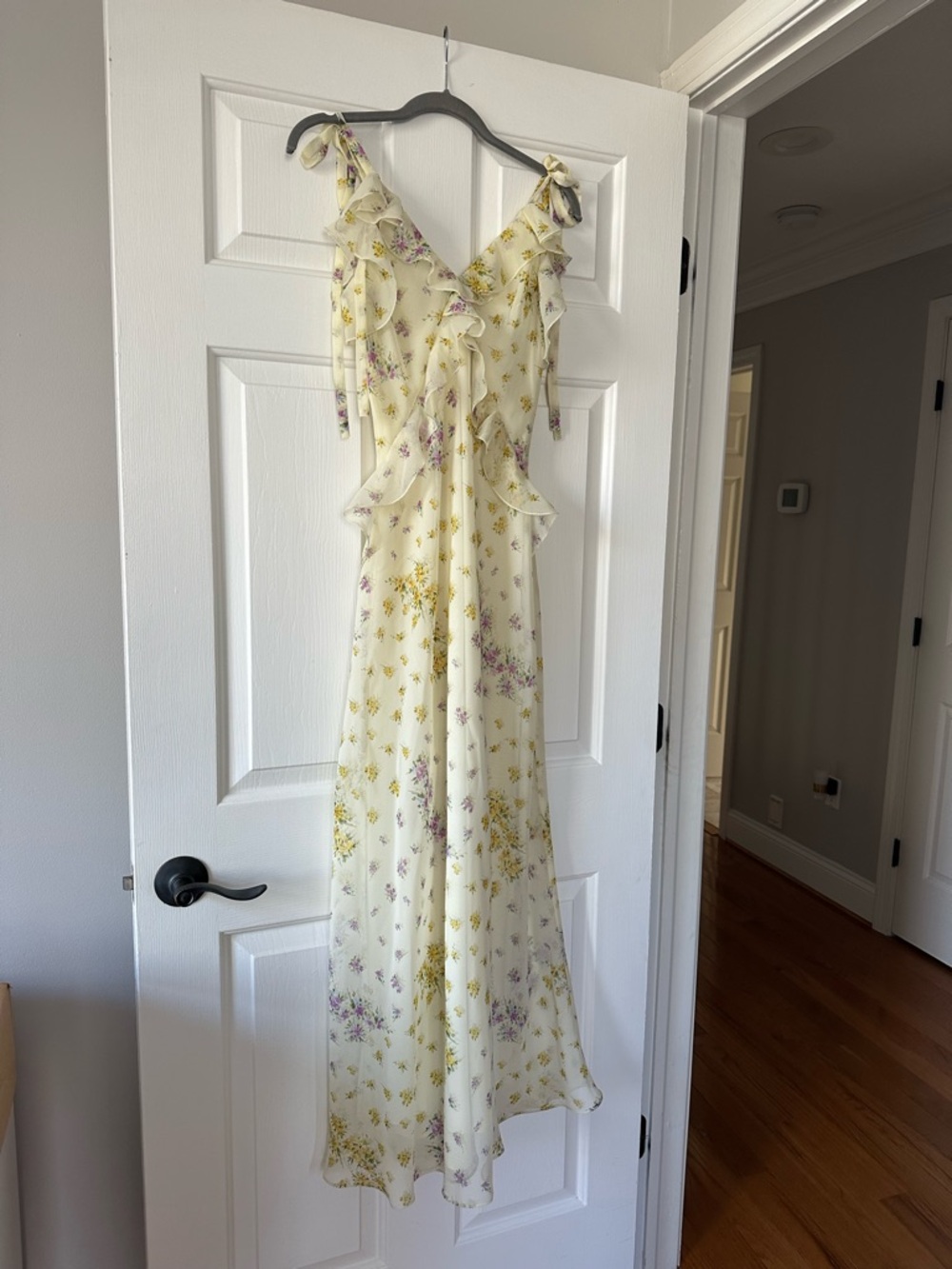 T.J.Maxx Pale Yellow Floral Ruffle Tie-Shoulder Maxi Dress
